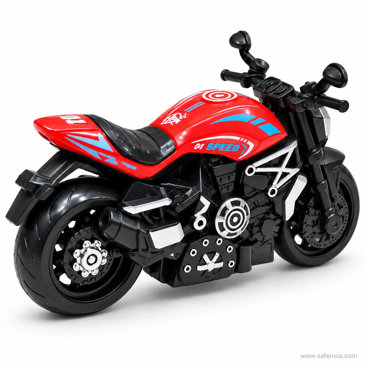 Left side of the red sports bike toy showing the kicked-up tail, stepped black seat and the SPEED 01 decal on the tank
