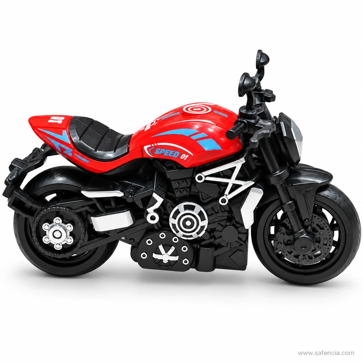 Side profile of the red sports bike toy from the right with a white trellis graphic over the black engine and big wheels