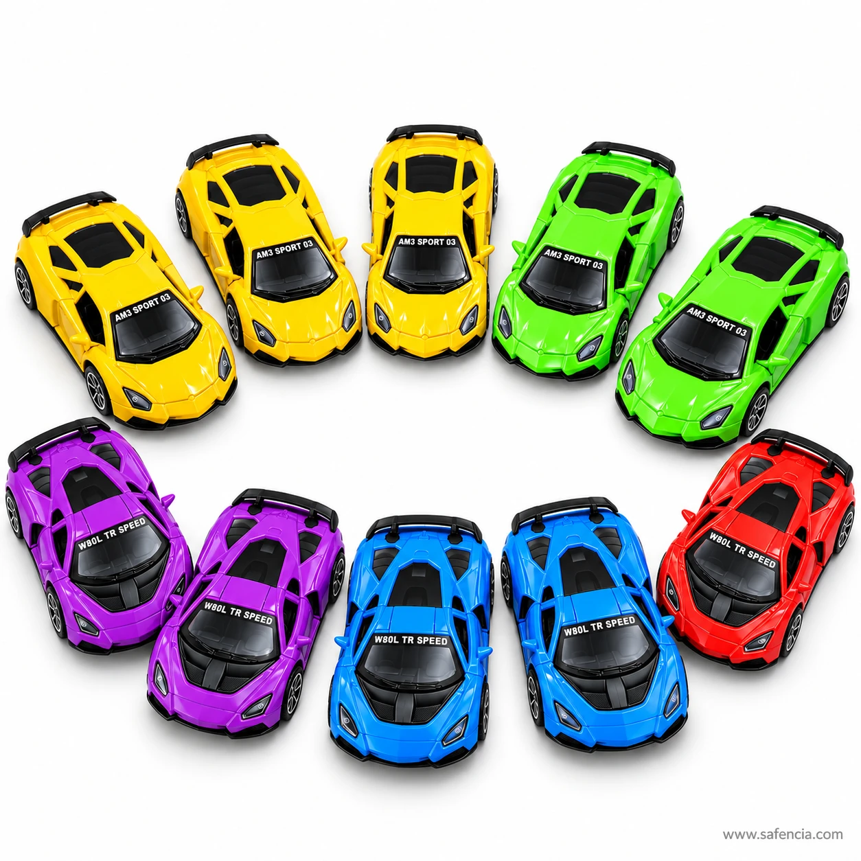 Green and yellow pull back supercar toys along the top of an arc, with purple, blue and red cars below