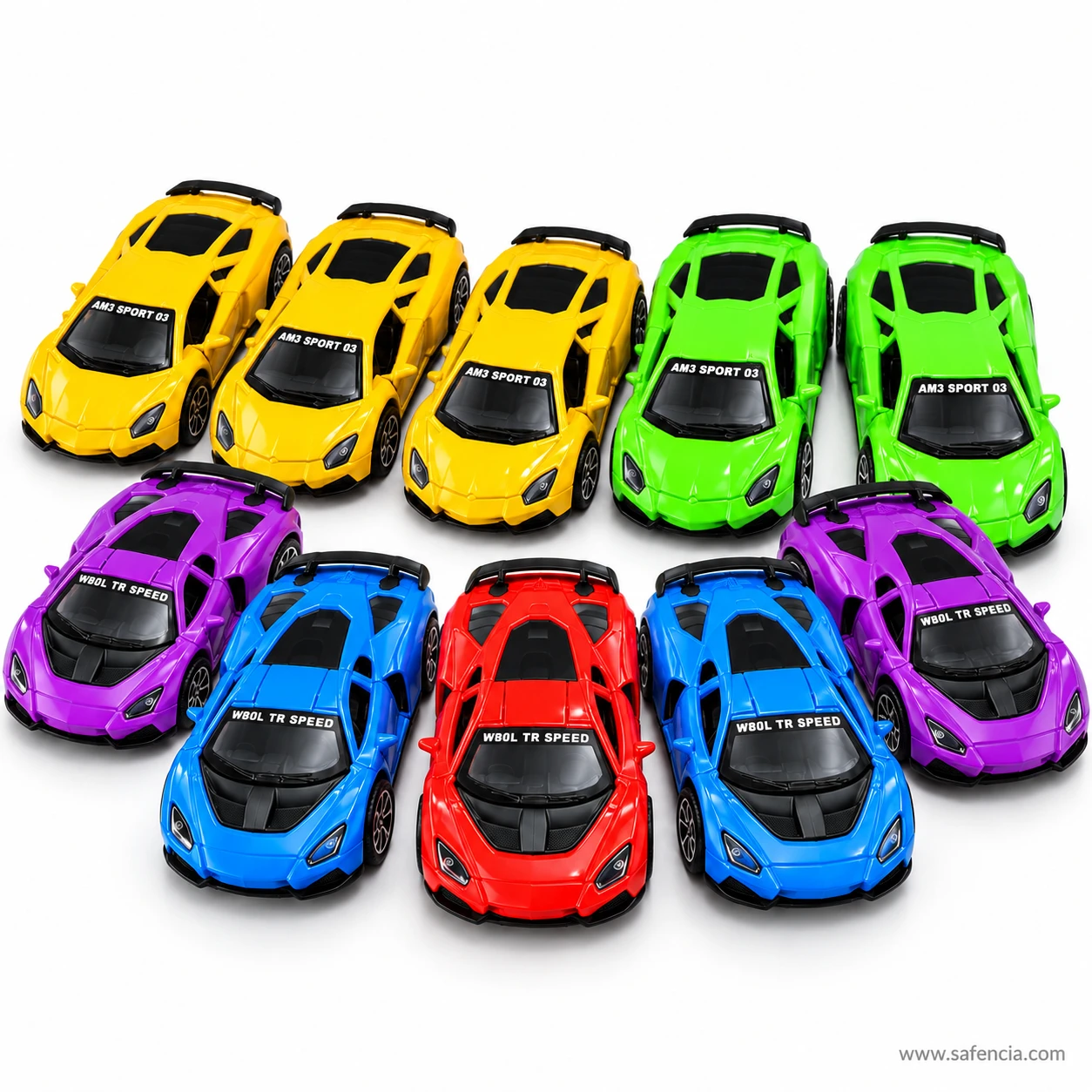 Blue pull back supercar toys in the front row beside purple and red cars, with yellow and green cars behind