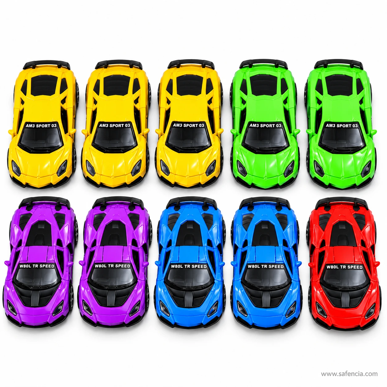 Pull back supercar toys seen from directly above, showing the tinted cabins, bonnet lines and black rear wings