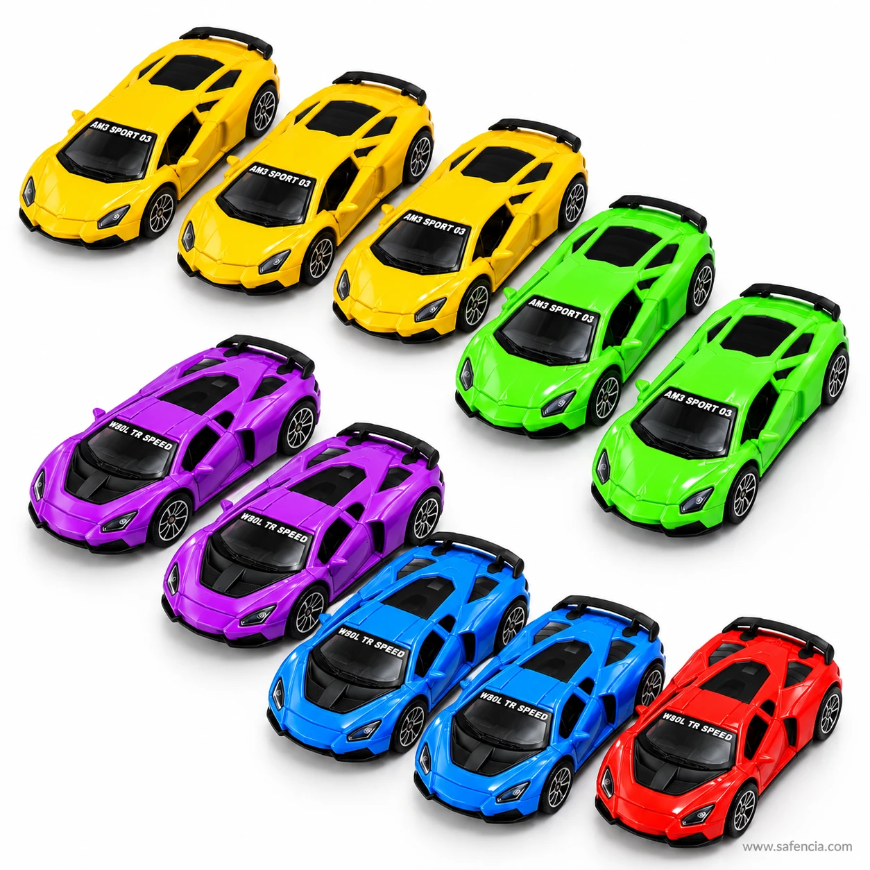 Purple pull back supercar toys at the left of a sweeping line of yellow, green, blue and red sports cars