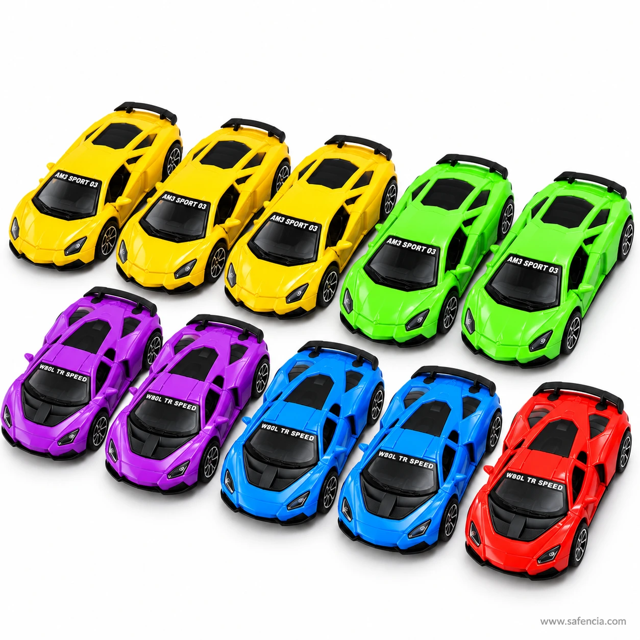 Ten pull back supercar toys lined up nose first in yellow, green, purple, blue and red, ready to race