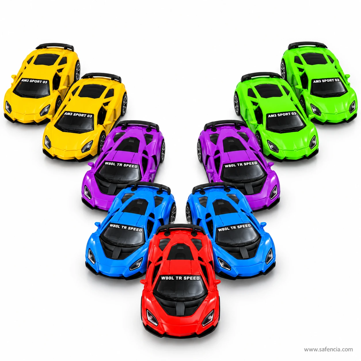Red pull back supercar toy at the point of a V formation of blue, purple, yellow and green supercars