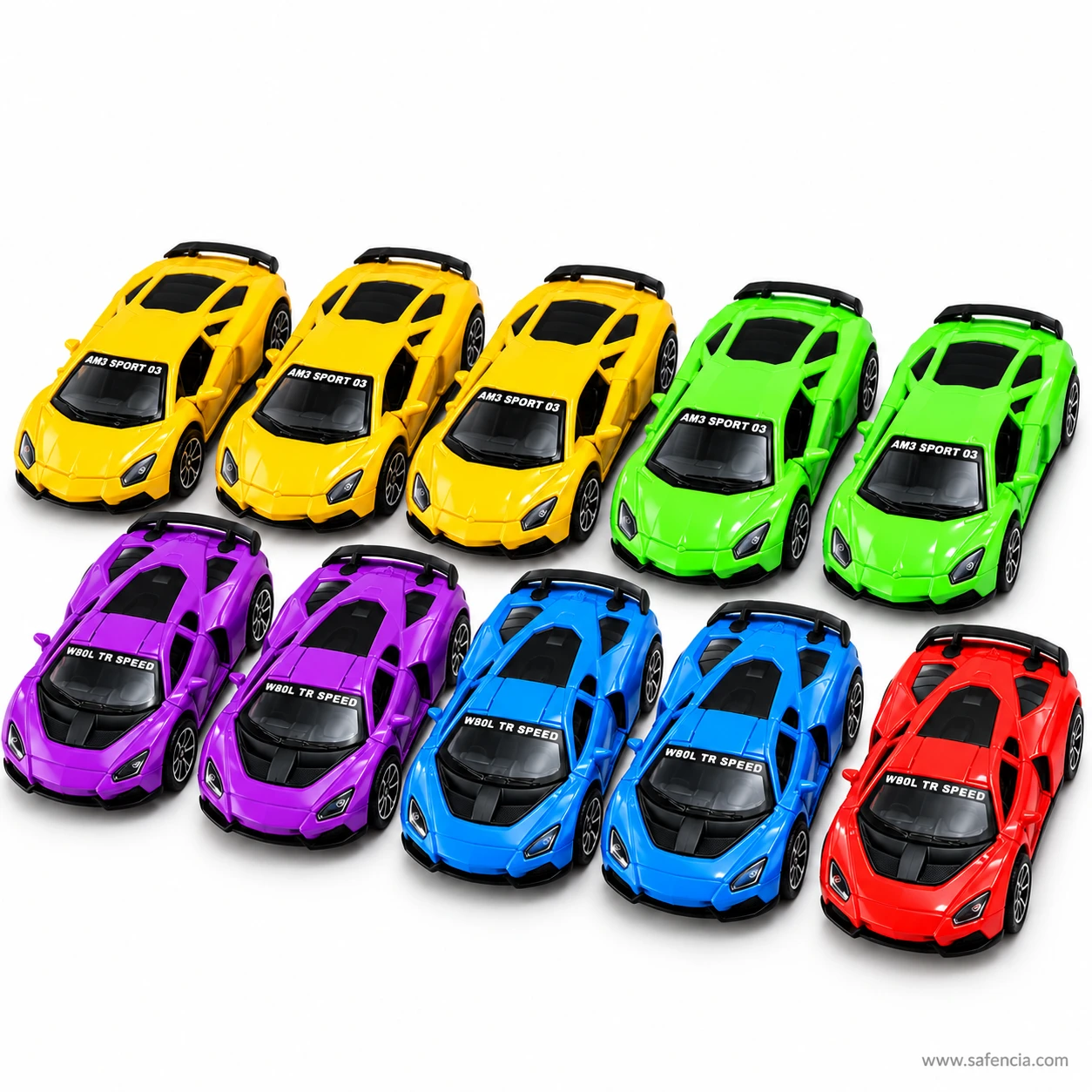 Pull back supercar toys parked at a slant in two rows, showing the pointed noses and black multi-spoke wheels