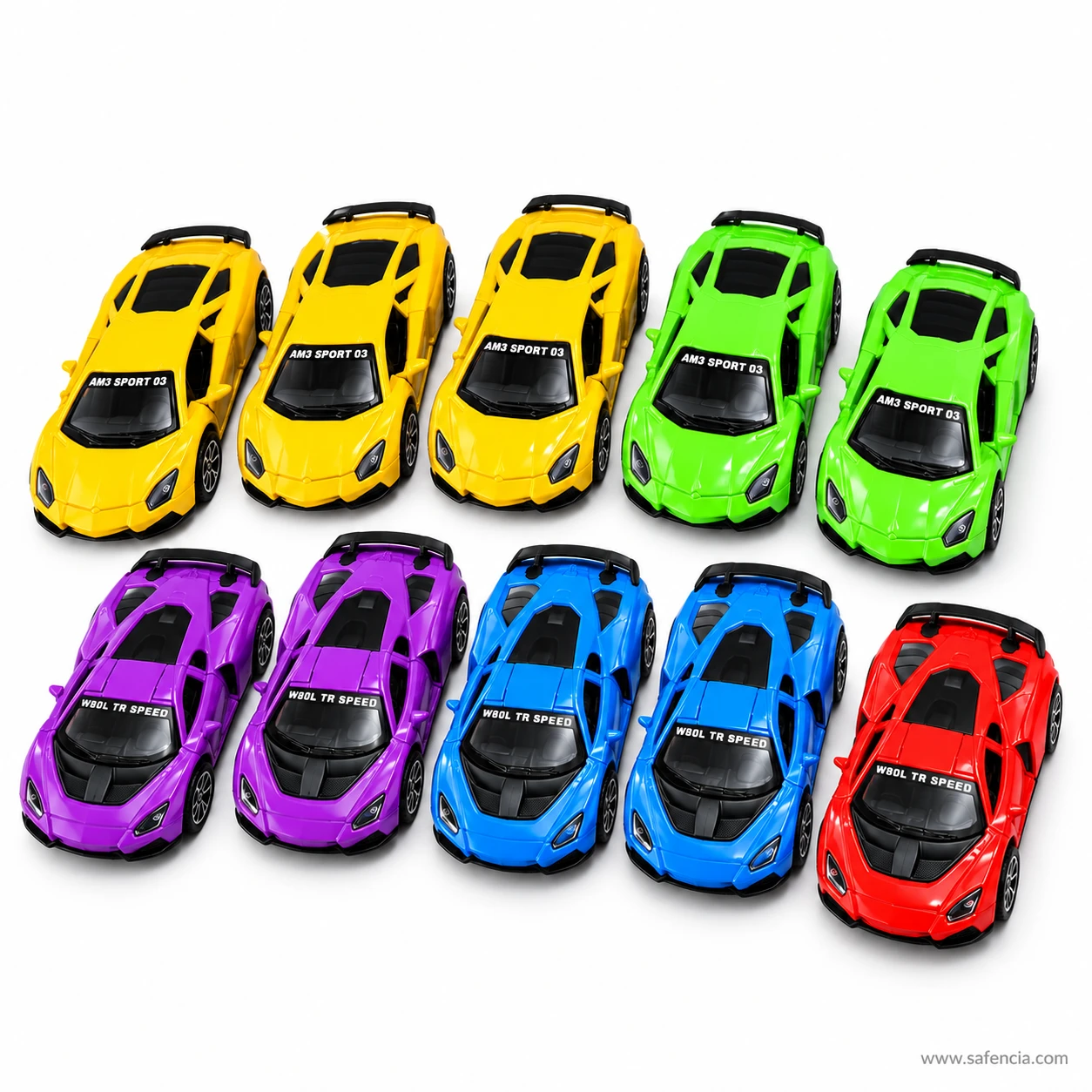 Two rows of pull back supercar toys at an angle, yellow and green at the back, purple, blue and red at the front