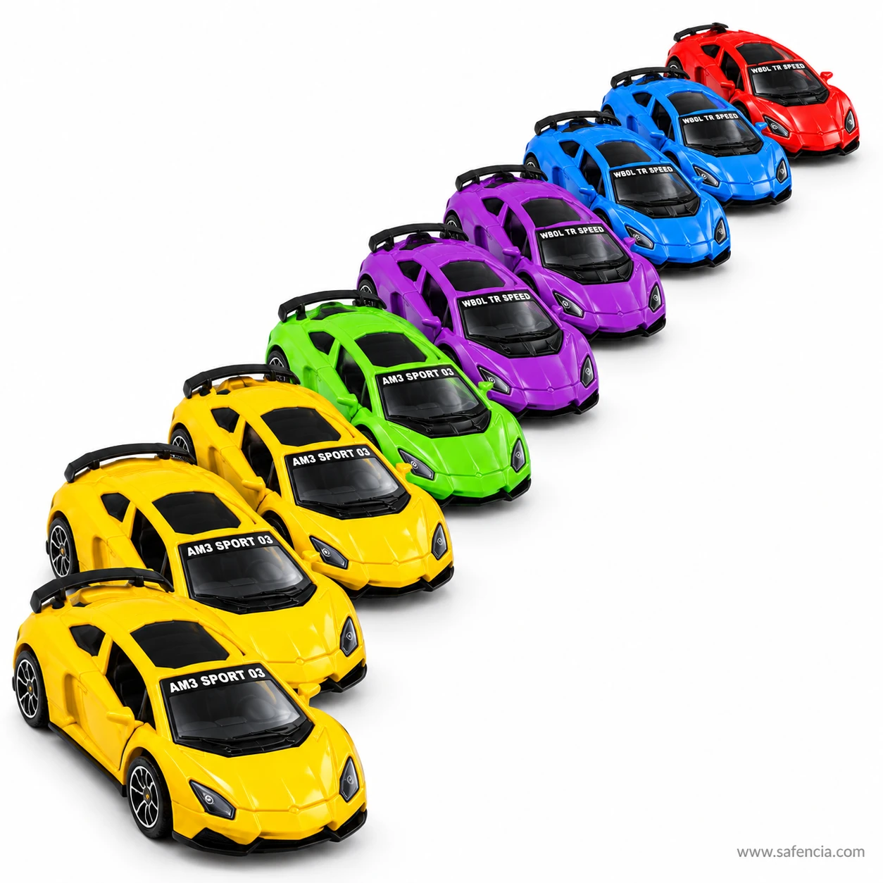 Yellow pull back supercar toy at the front of a long diagonal line of green, purple, blue and red supercars