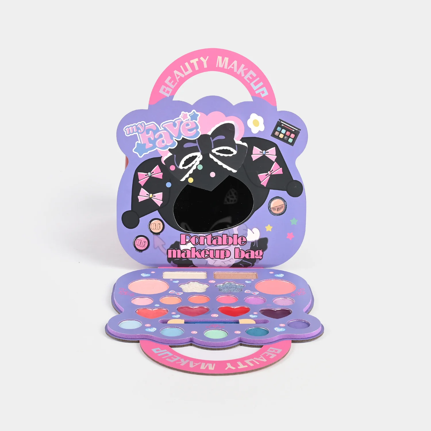 Purple Kitty Makeup Bag box view - cute kitty mirror design