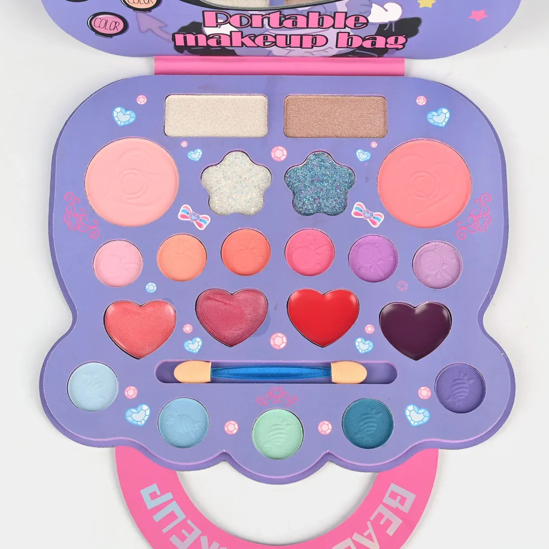 Purple Kitty Makeup Bag open view - eyeshadows, heart lip colours, blushes and glitter