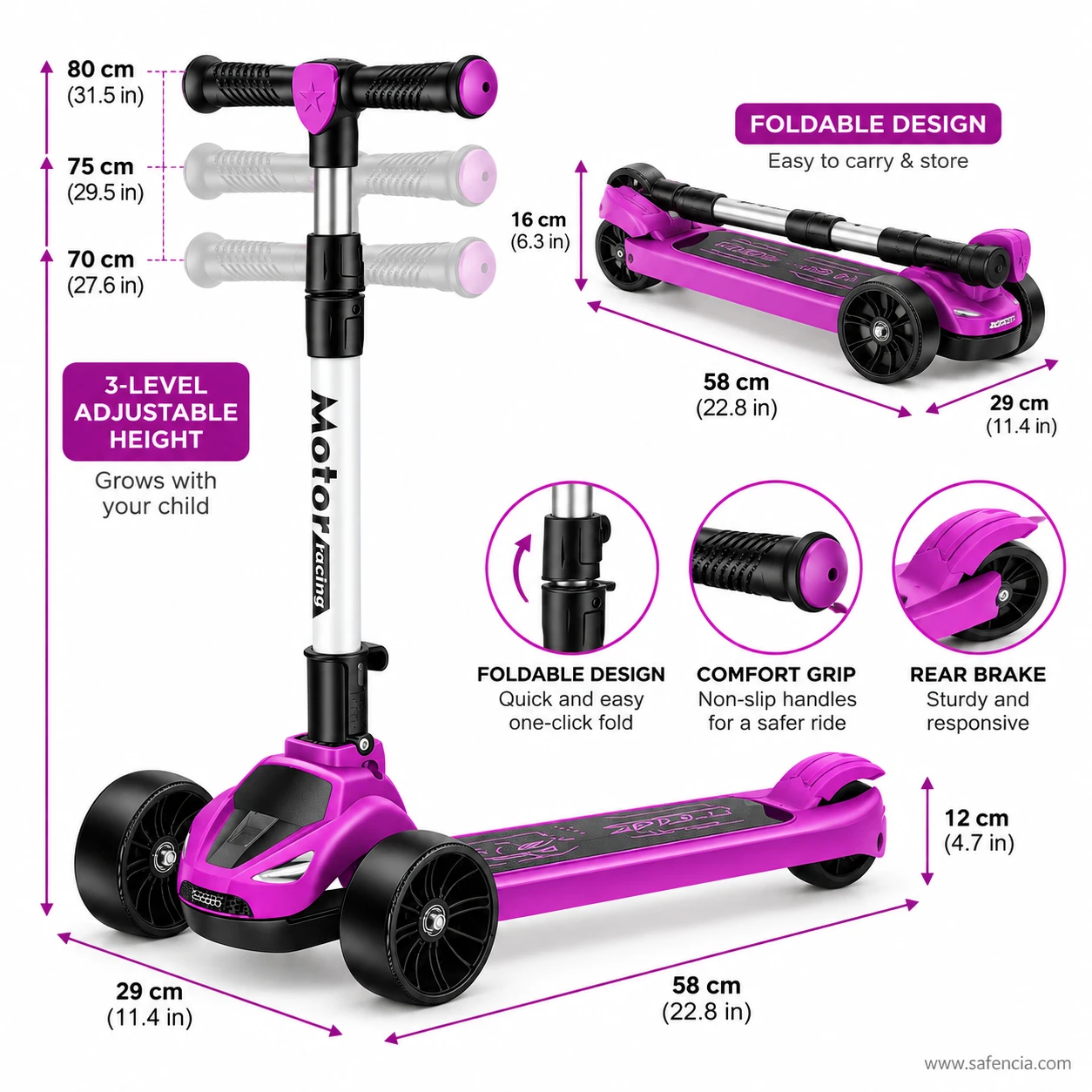 Purple racing kids scooty chart: 3-level 70/75/80 cm handle, folded size, comfort grip and rear brake