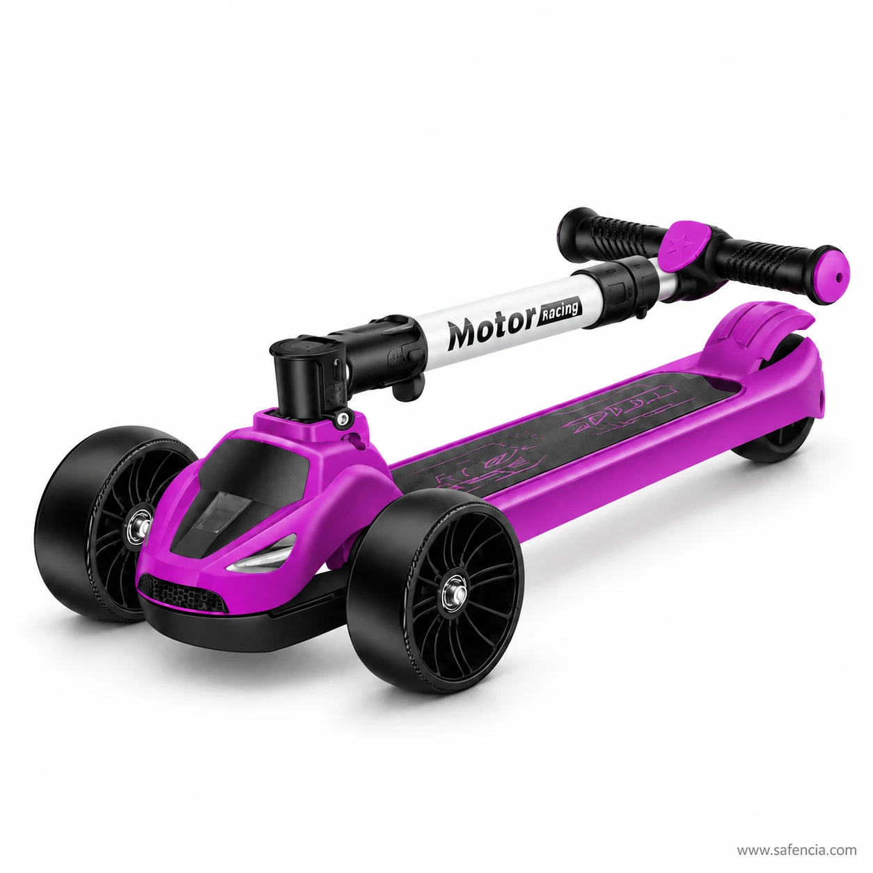 Purple racing kids scooty folded flat with the handlebar lying along the deck