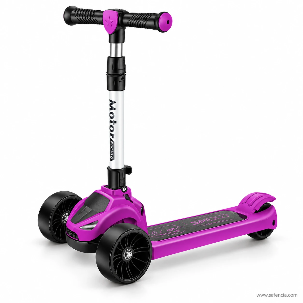 Front angle of the purple racing kids scooty showing the racing-car nose and MOTOR RACING stem