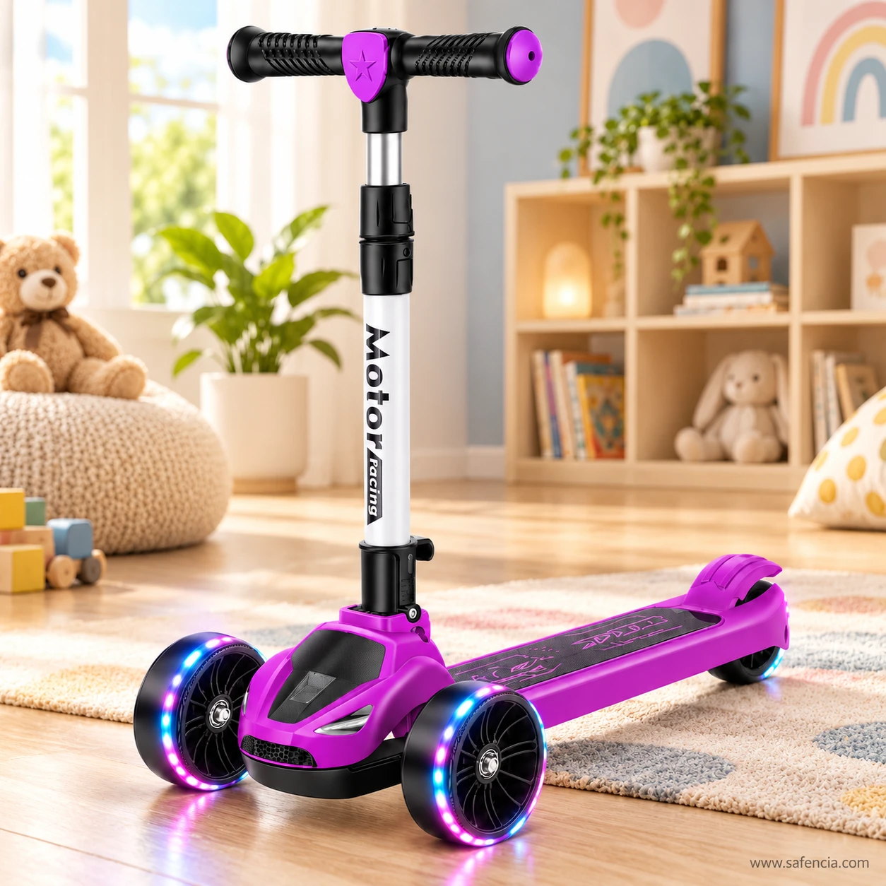 Purple racing kids scooty standing in a playroom with shelves and a teddy bear, wheels glowing
