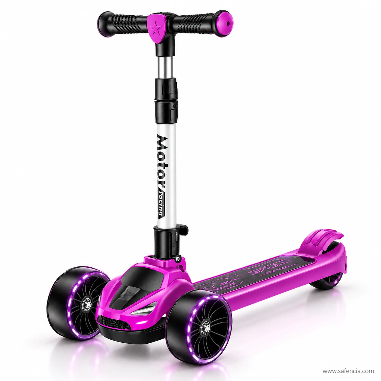 Purple racing kids scooty with its black front wheels lit up and a SPEED grip deck