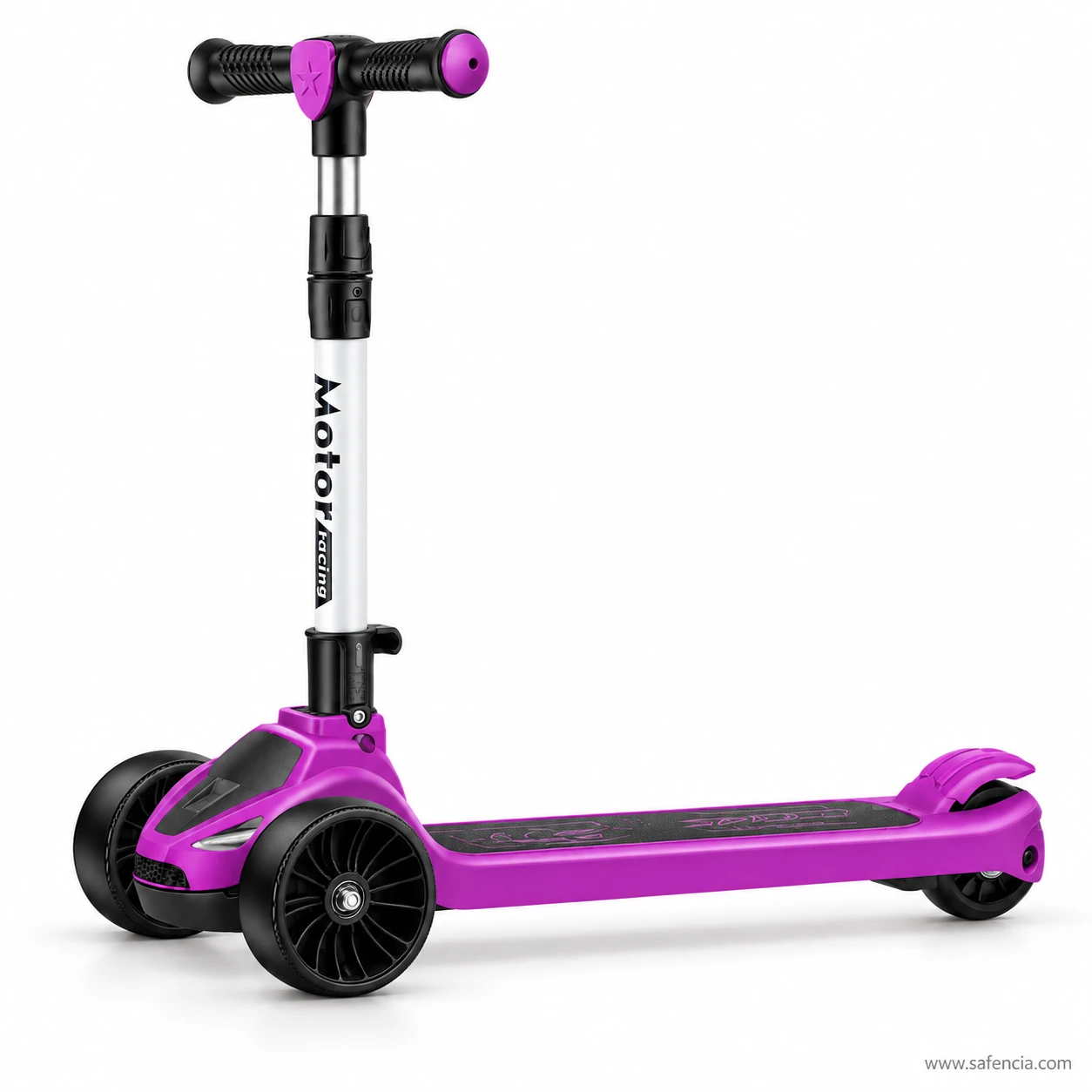 Side view of the purple racing kids scooty showing the long black grip deck and rear brake