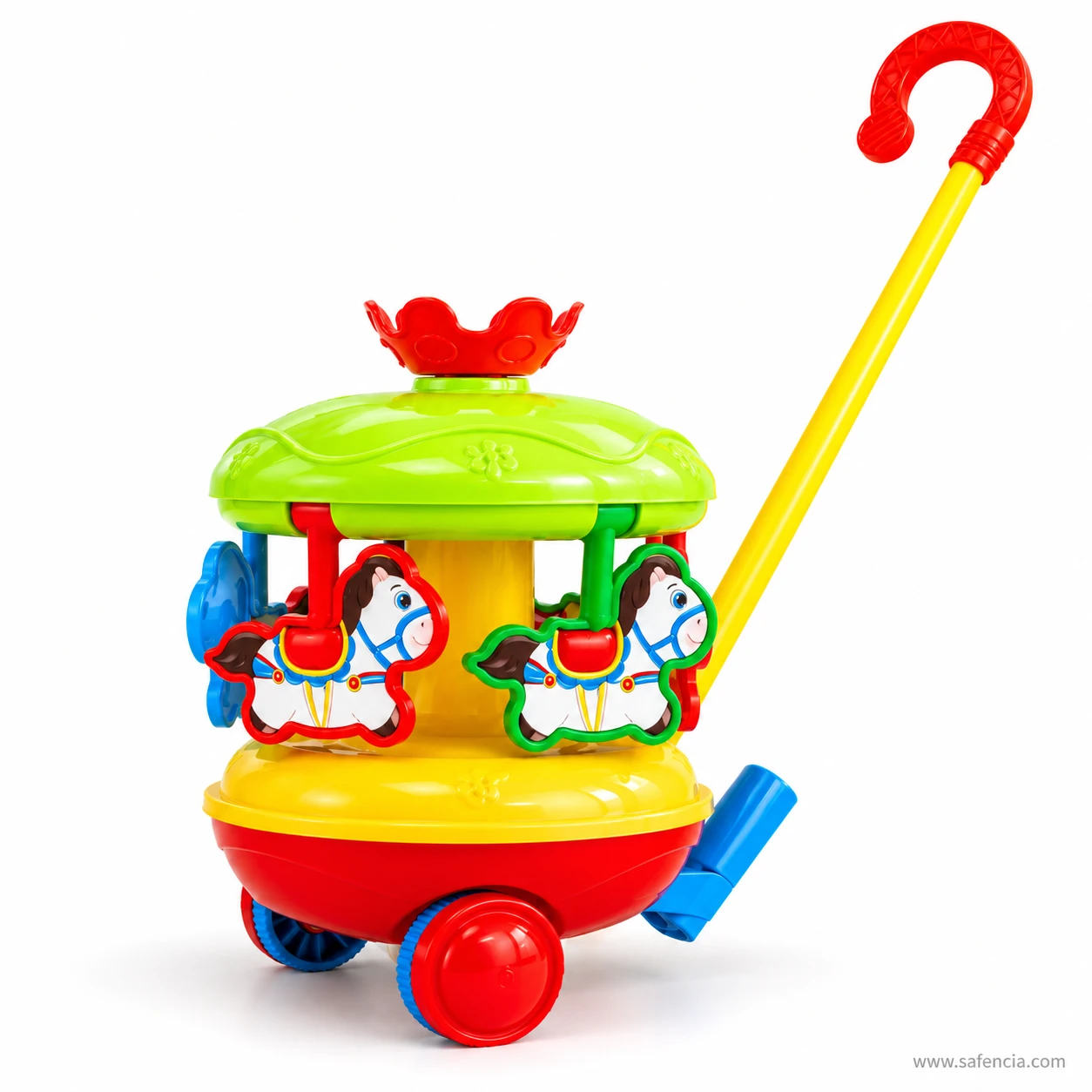 Musical carousel push toy close view of the white horses with red and green saddles