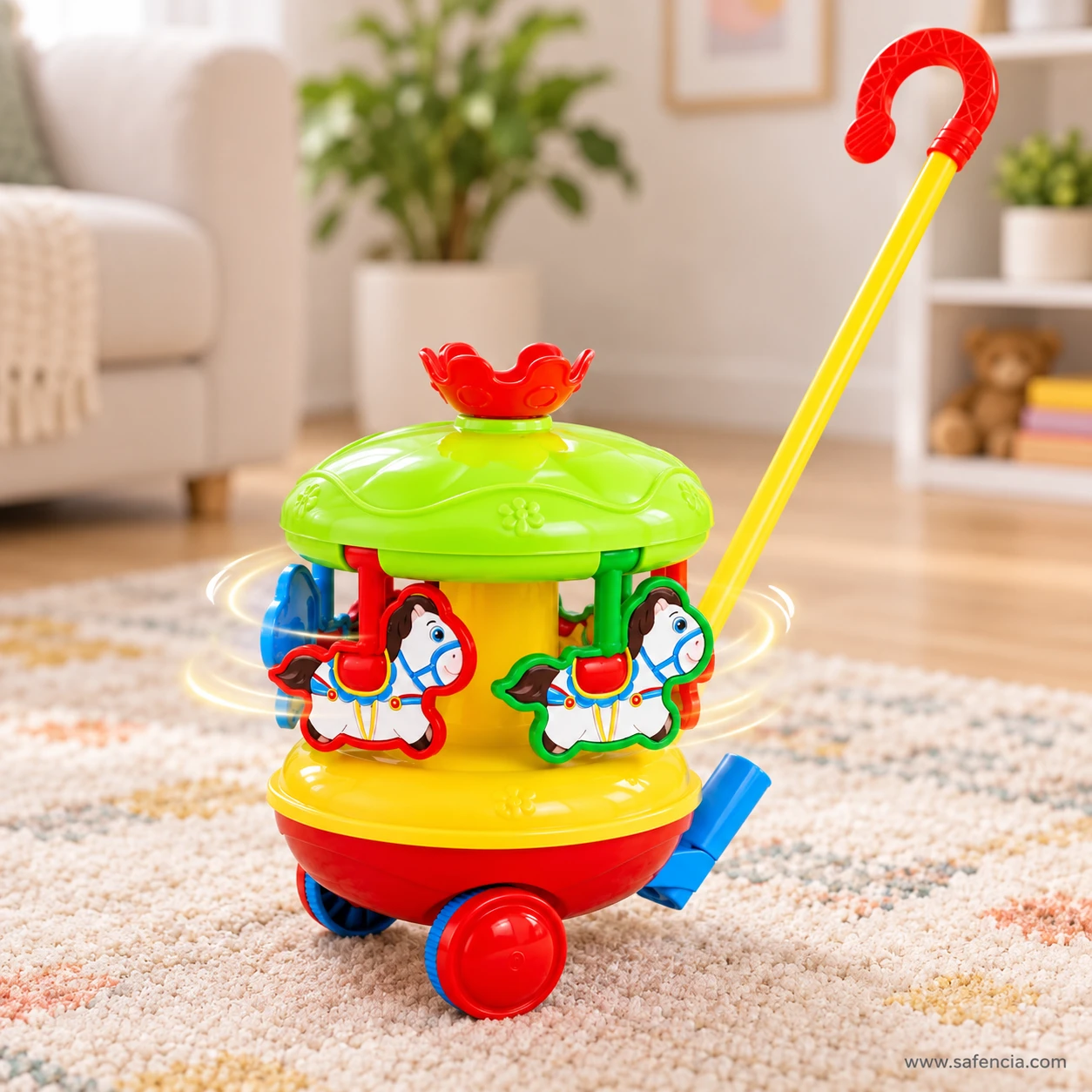 Musical carousel push toy spinning on a patterned rug with its handle raised
