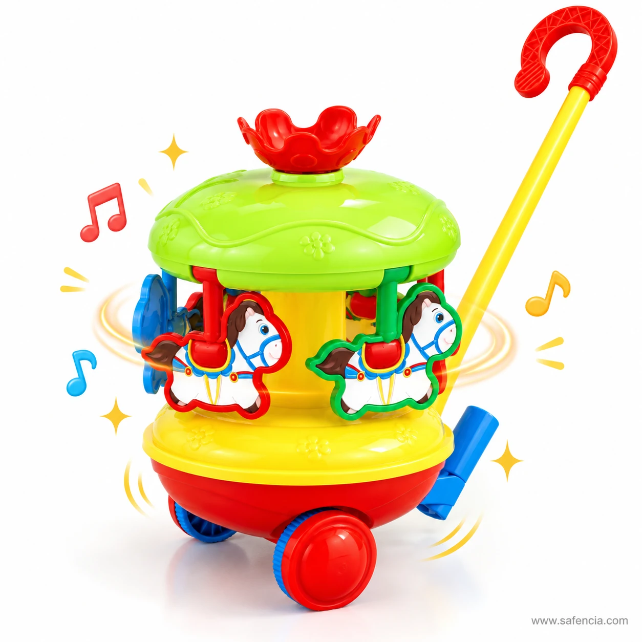 Musical carousel push toy spinning with music notes around it
