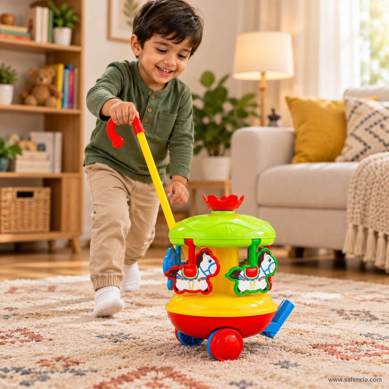 Toddler walking and pushing the musical carousel toy by its handle in a living room