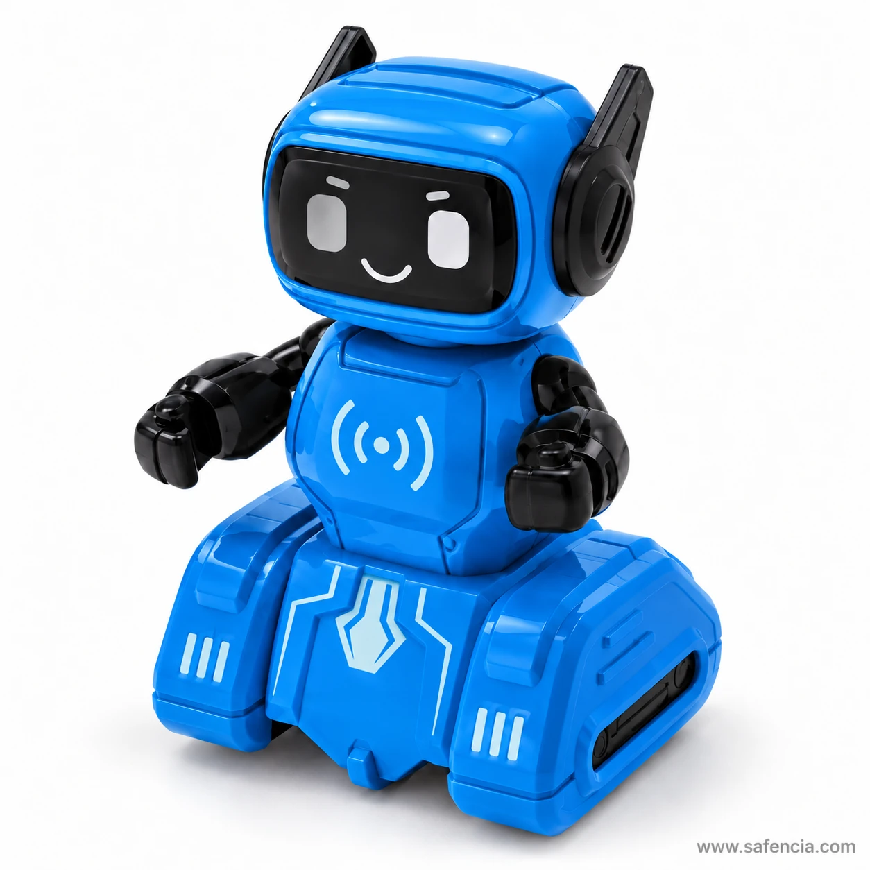 Blue push and go robot toy with a black screen face and smile, black ears and arms, and light blue details