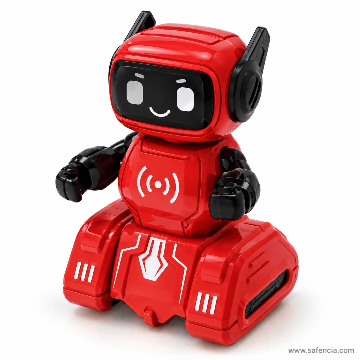 Red push and go robot toy with a black screen face, black arms and white line details on its glossy red base