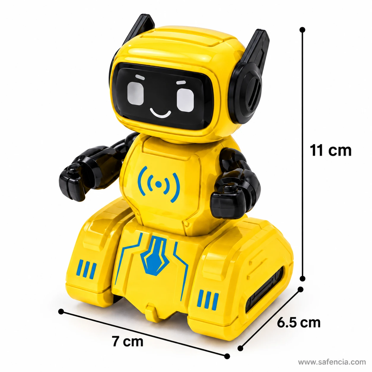 Yellow push and go robot toy with measurement lines showing 11 cm tall and a base of about 7 cm by 6.5 cm