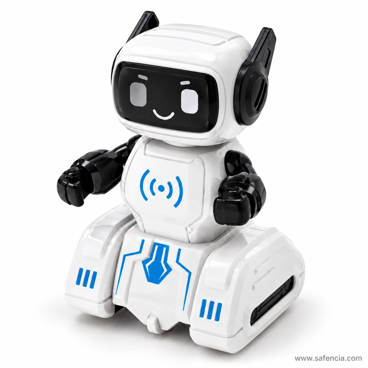 White push and go robot toy with a black smiling face, black ears and arms, and blue lines on its white body