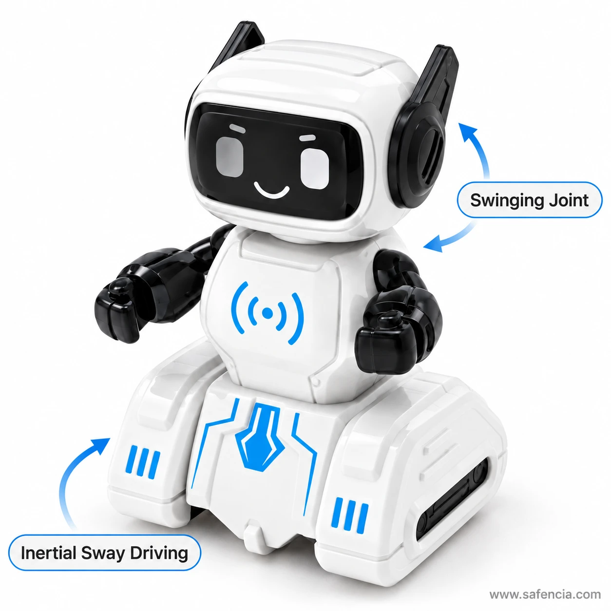 White robot toy with arrows marking the swinging arm joint and the inertial sway driving of its rolling base