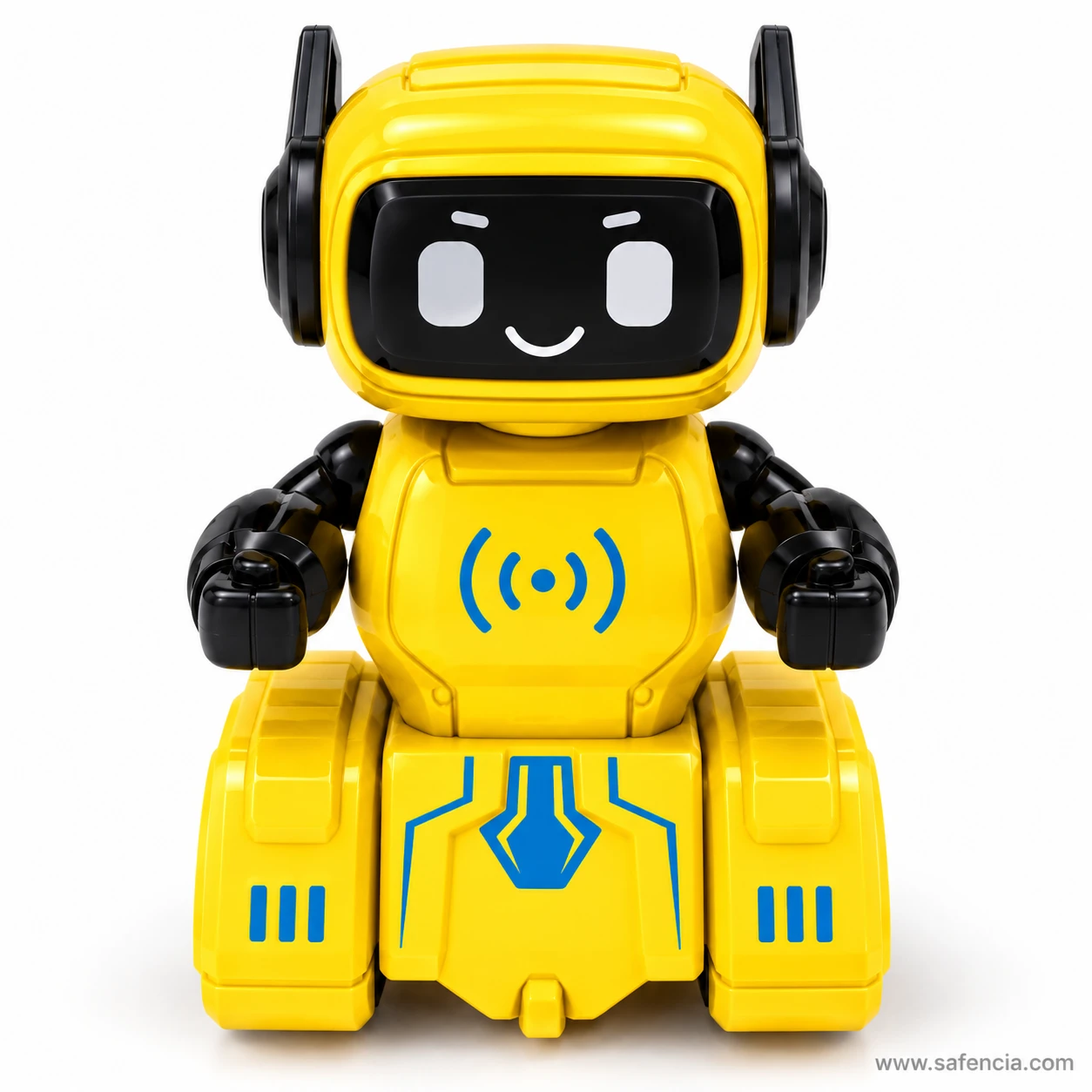 Front view of the yellow push and go robot toy showing both ears, the signal symbol on its chest and blue details