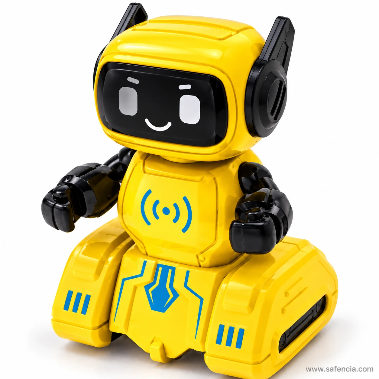 Yellow push and go robot toy close up from the left, showing the black screen face, signal symbol and wide base