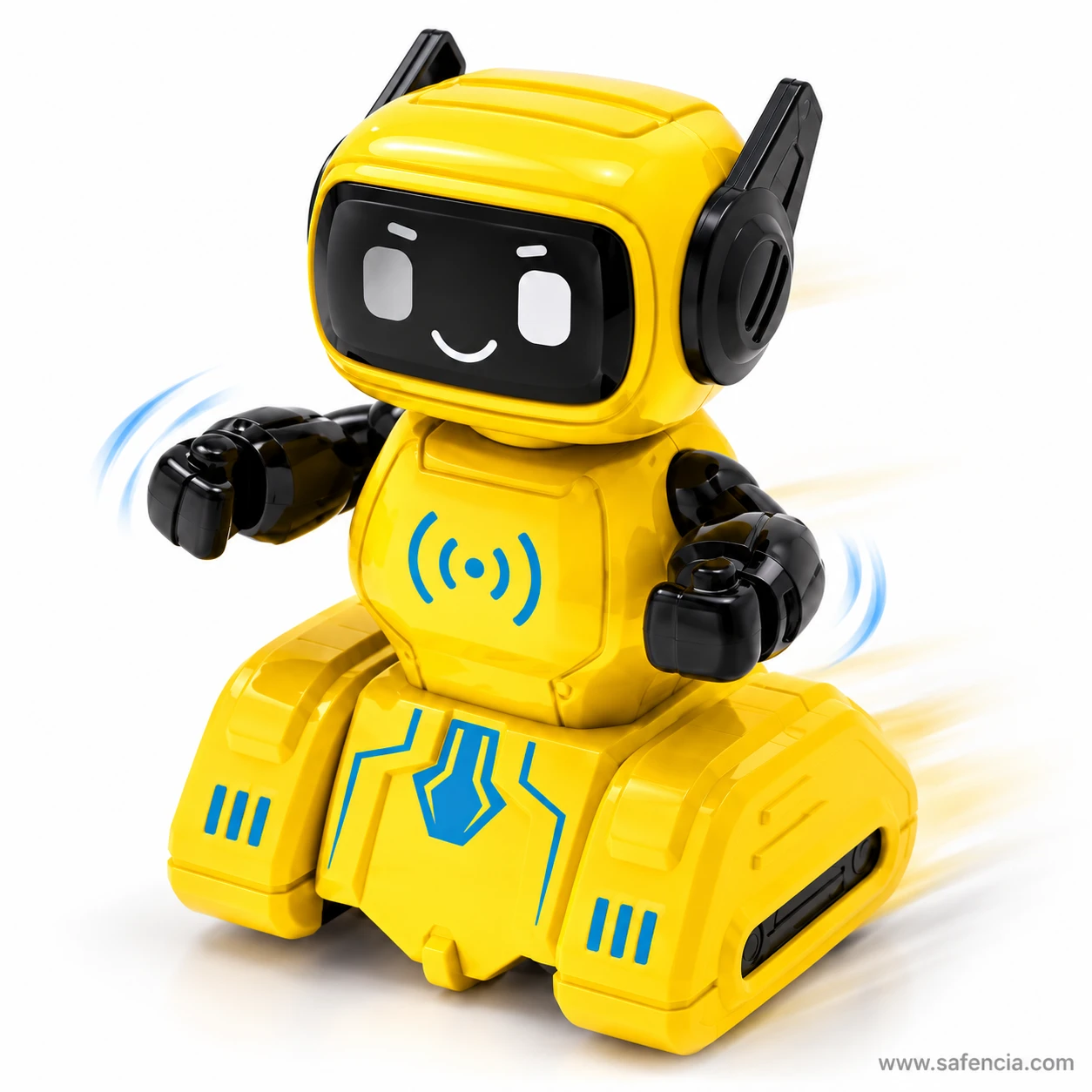 Yellow push and go robot toy shown in motion, with lines around its arms and base as it rolls and sways forward