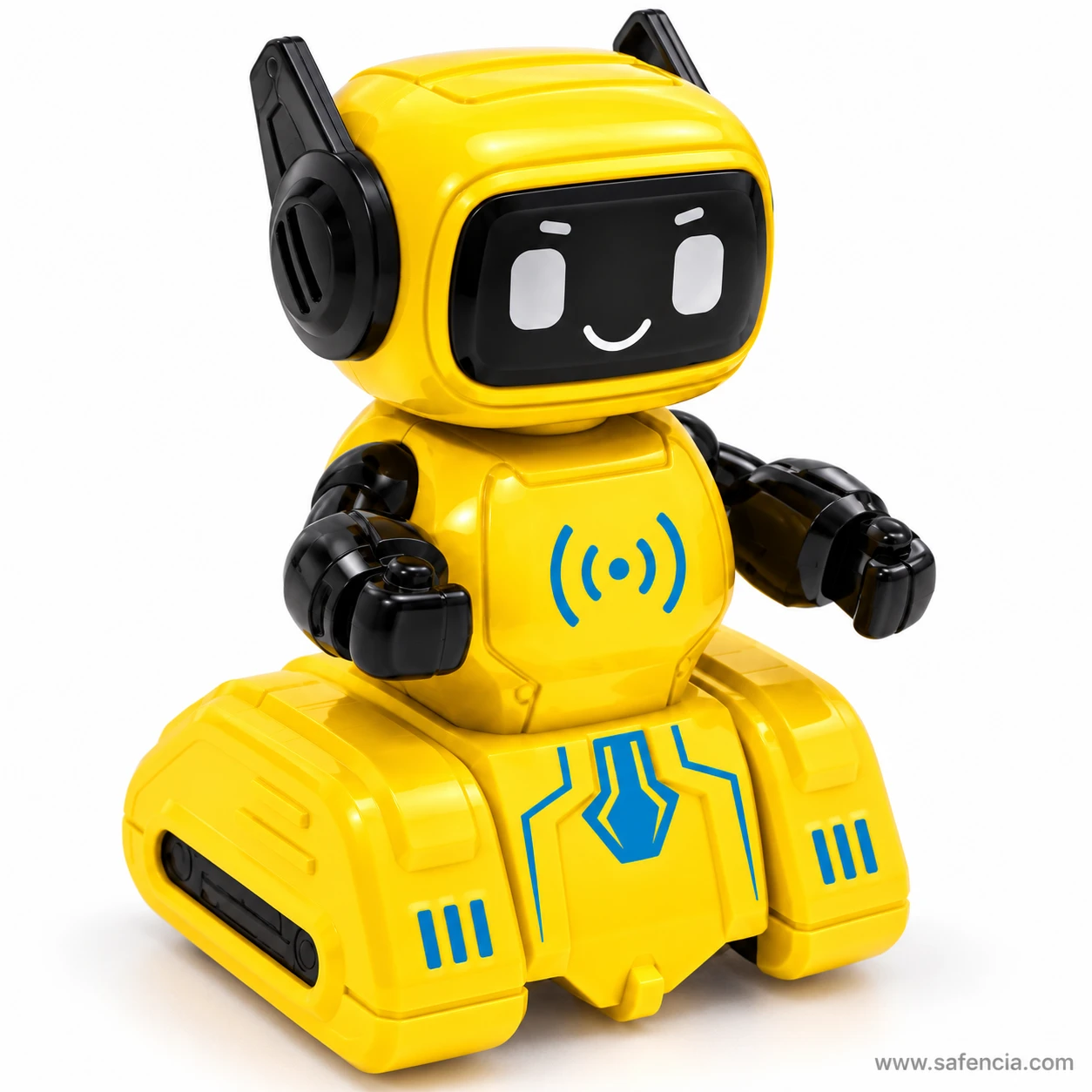 Yellow push and go robot toy turned to the right, with its black face, signal symbol and both black arms forward