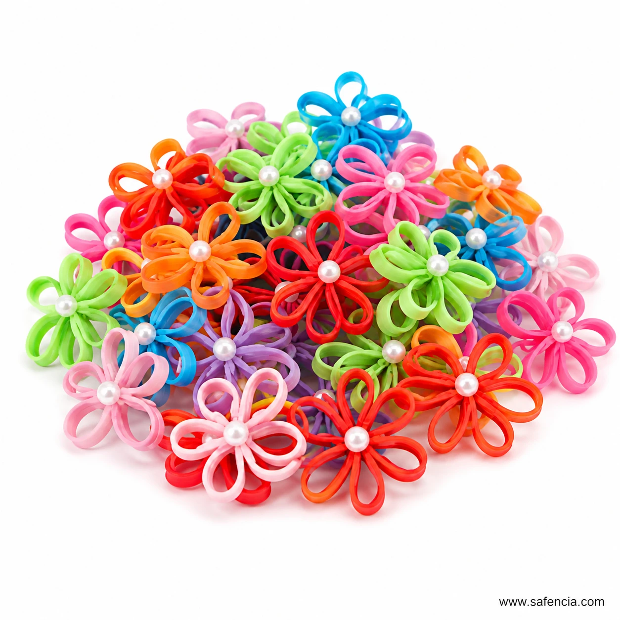 Open petal loop construction on glossy plastic craft flowers
