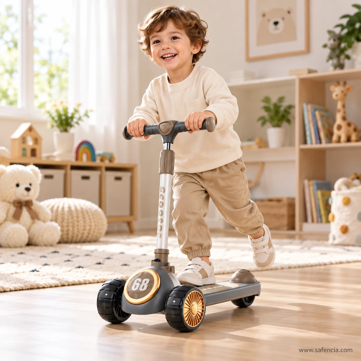 Smiling child riding the slate grey racing 68 kids scooty across a playroom