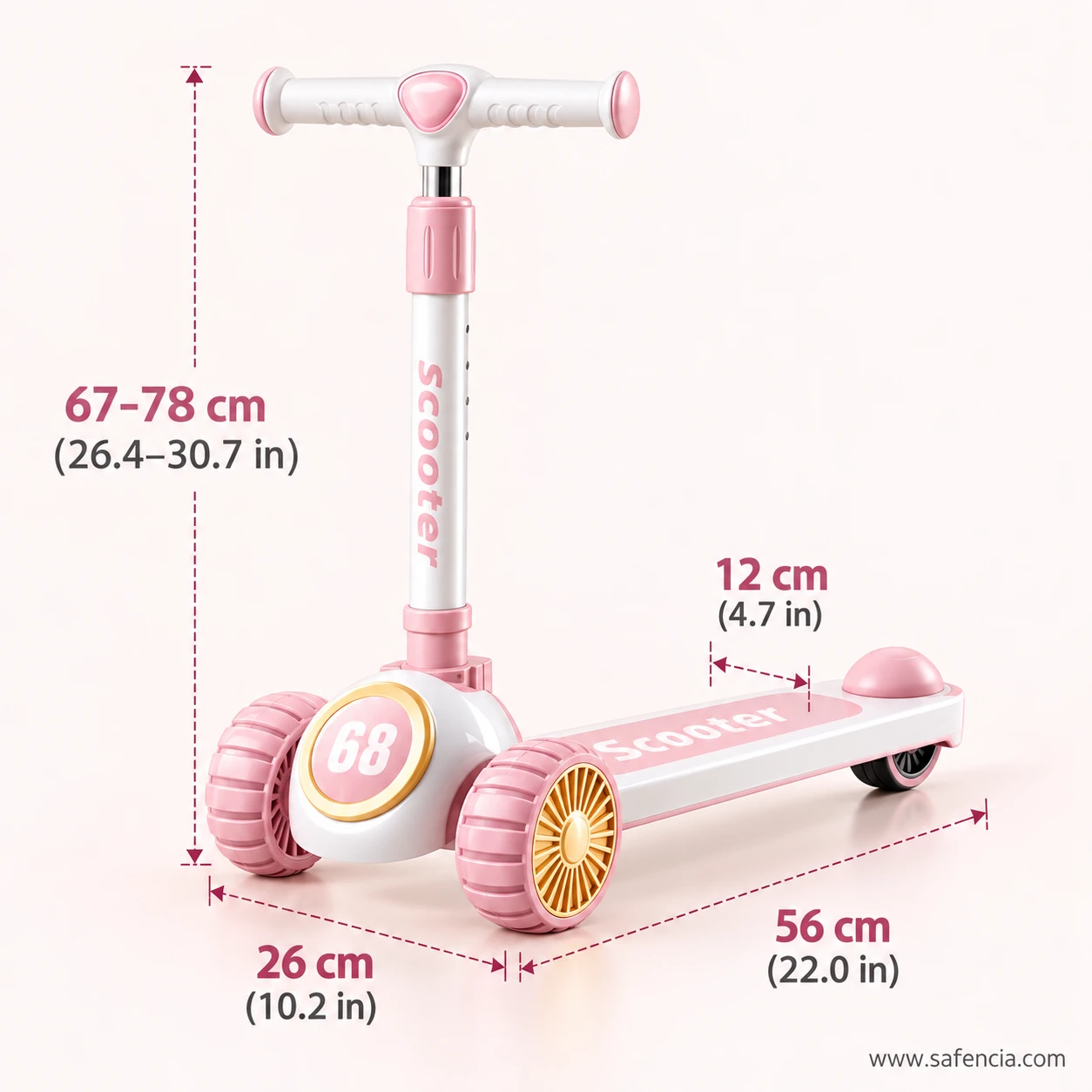 Blush pink racing 68 kids scooty size chart: 67 to 78 cm handle, 26 cm wide, 12 cm deck, 56 cm