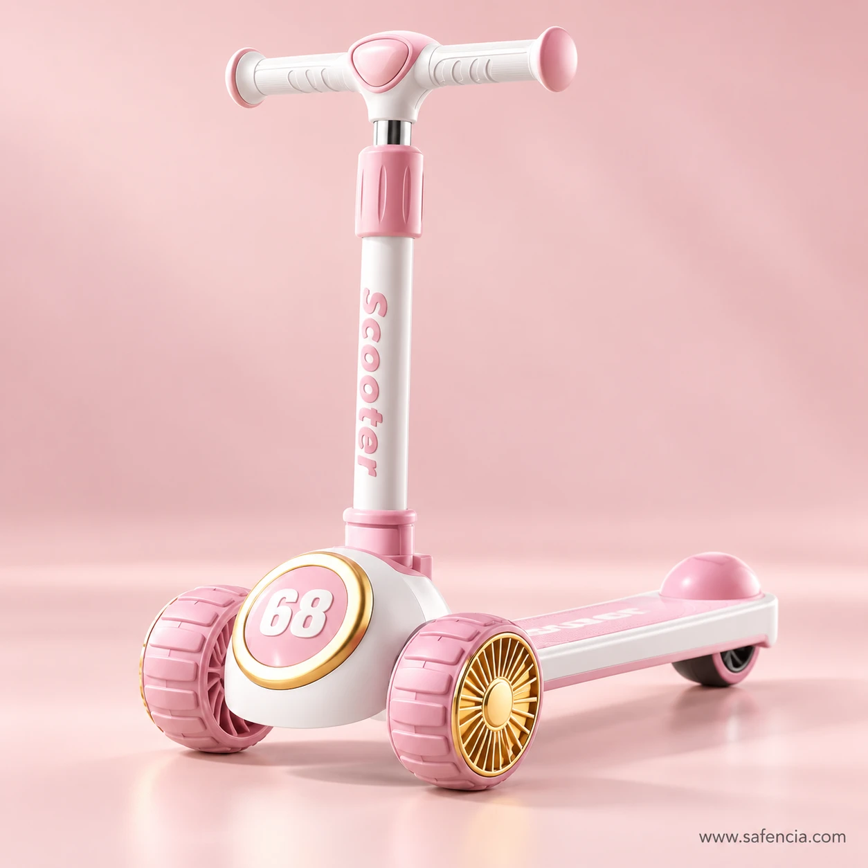 Blush pink racing 68 kids scooty with a gold-rimmed badge on a pink background