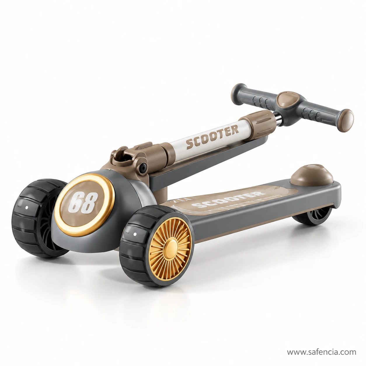 Slate grey racing 68 kids scooty folded flat with the handle lying along the deck