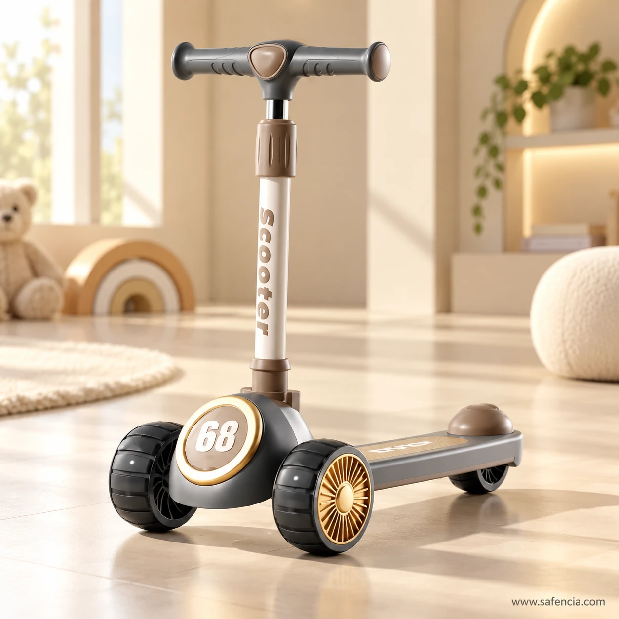 Slate grey racing 68 kids scooty standing in a bright living room with a teddy bear