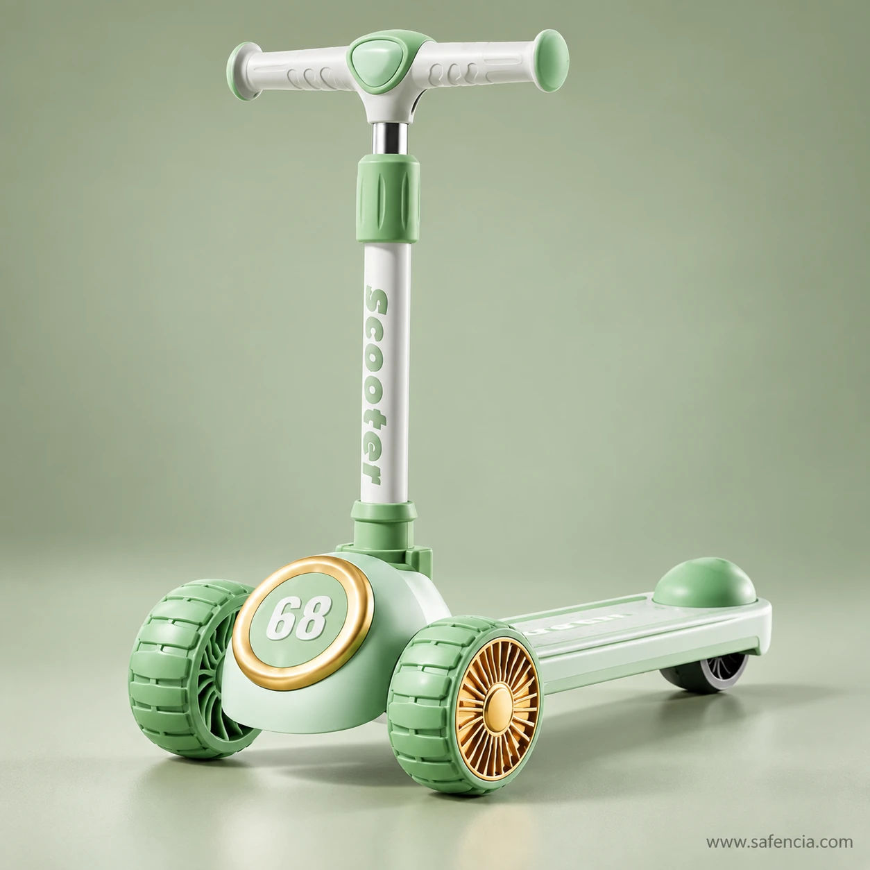 Mint green racing 68 kids scooty on a soft green background with gold wheel hubs