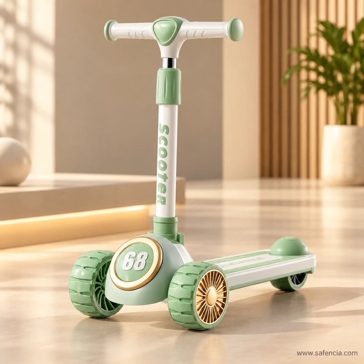 Mint green racing 68 kids scooty with gold wheel hubs in a warm, sunny room