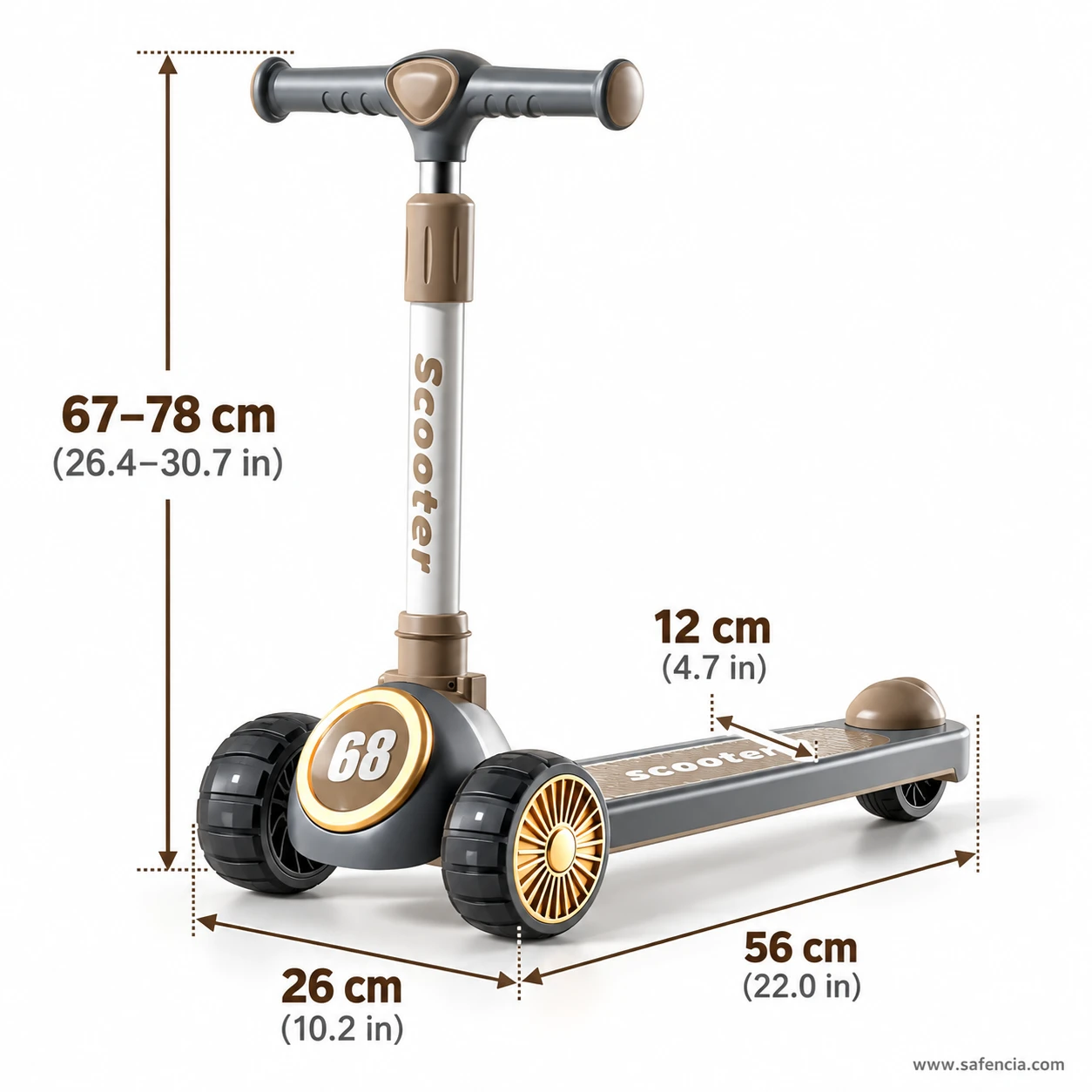 Size chart of the racing 68 kids scooty: 67-78 cm handle, 26 cm width, 12 cm deck, 56 cm length