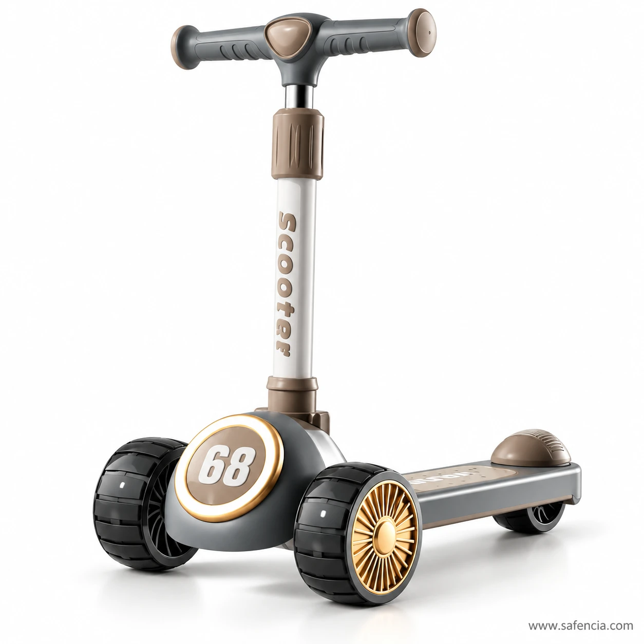 Slate grey racing 68 kids scooty in the studio with a gold-rimmed 68 badge and script stem