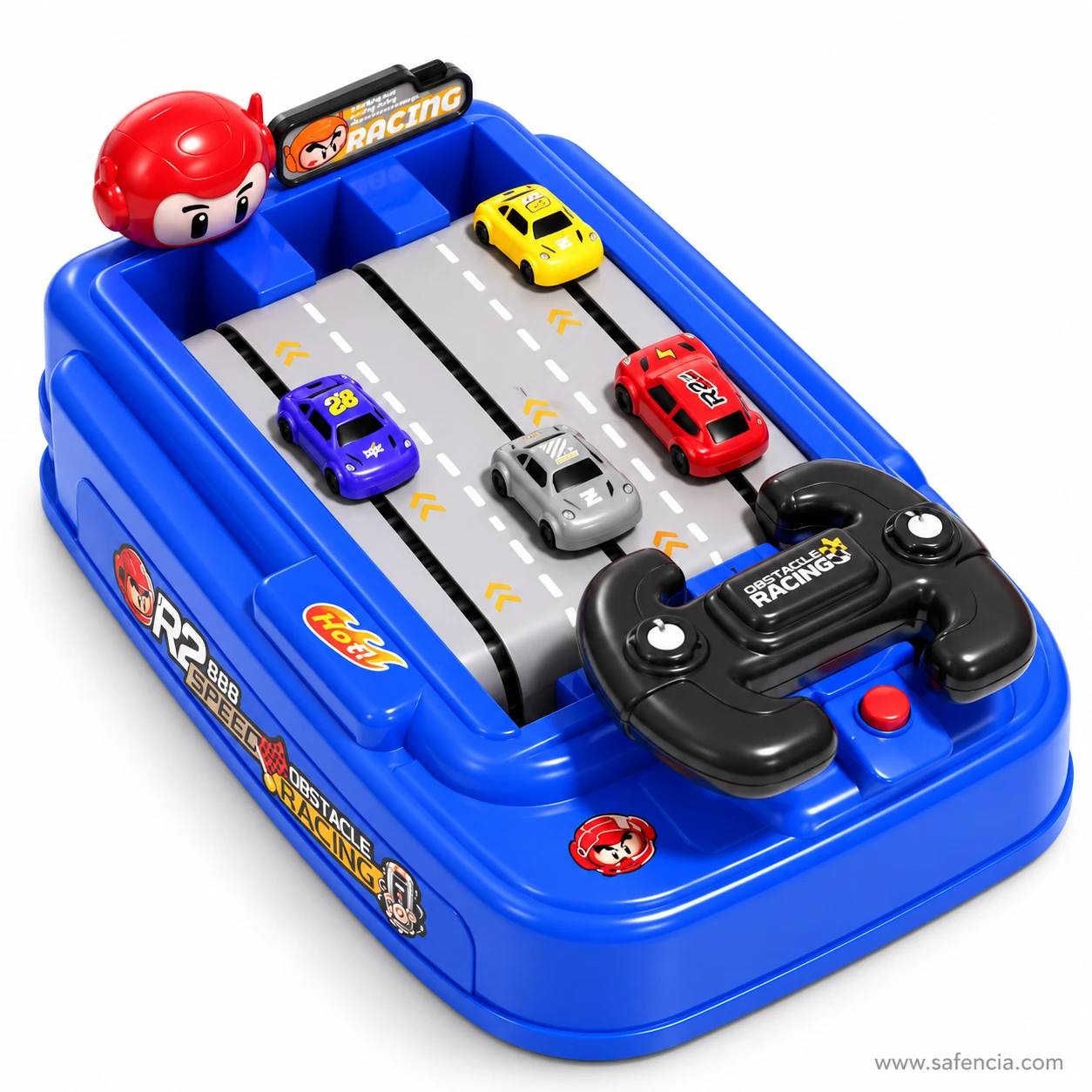 Top view of the obstacle racing game road showing four lanes and mini cars