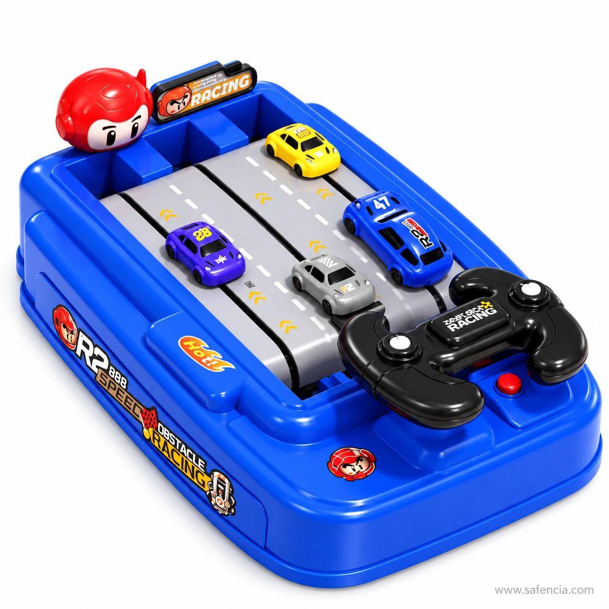 Side angle of the blue obstacle steering racing game with its driver head topper