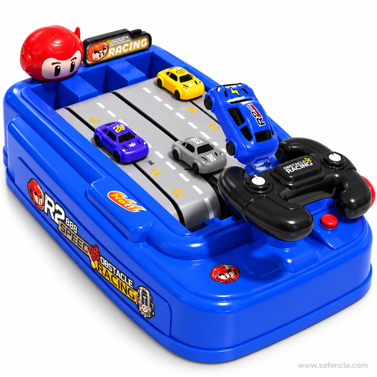 Close angle of the racing game steering wheel and the red button beside it