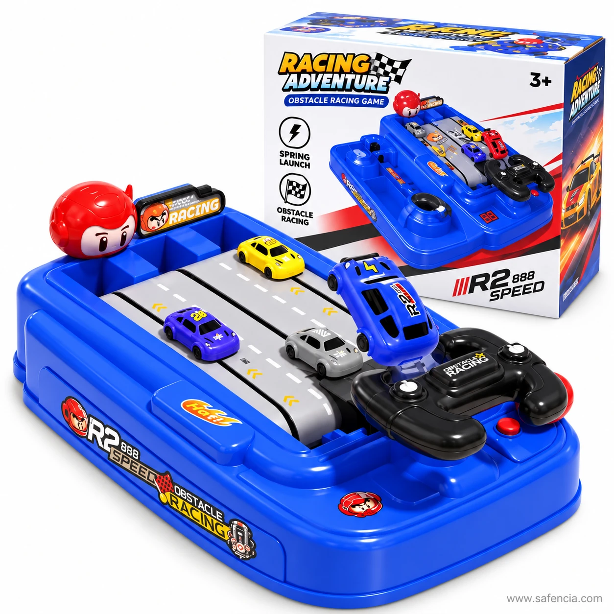 Obstacle steering racing game in front of its Racing Adventure box marked ages 3 plus