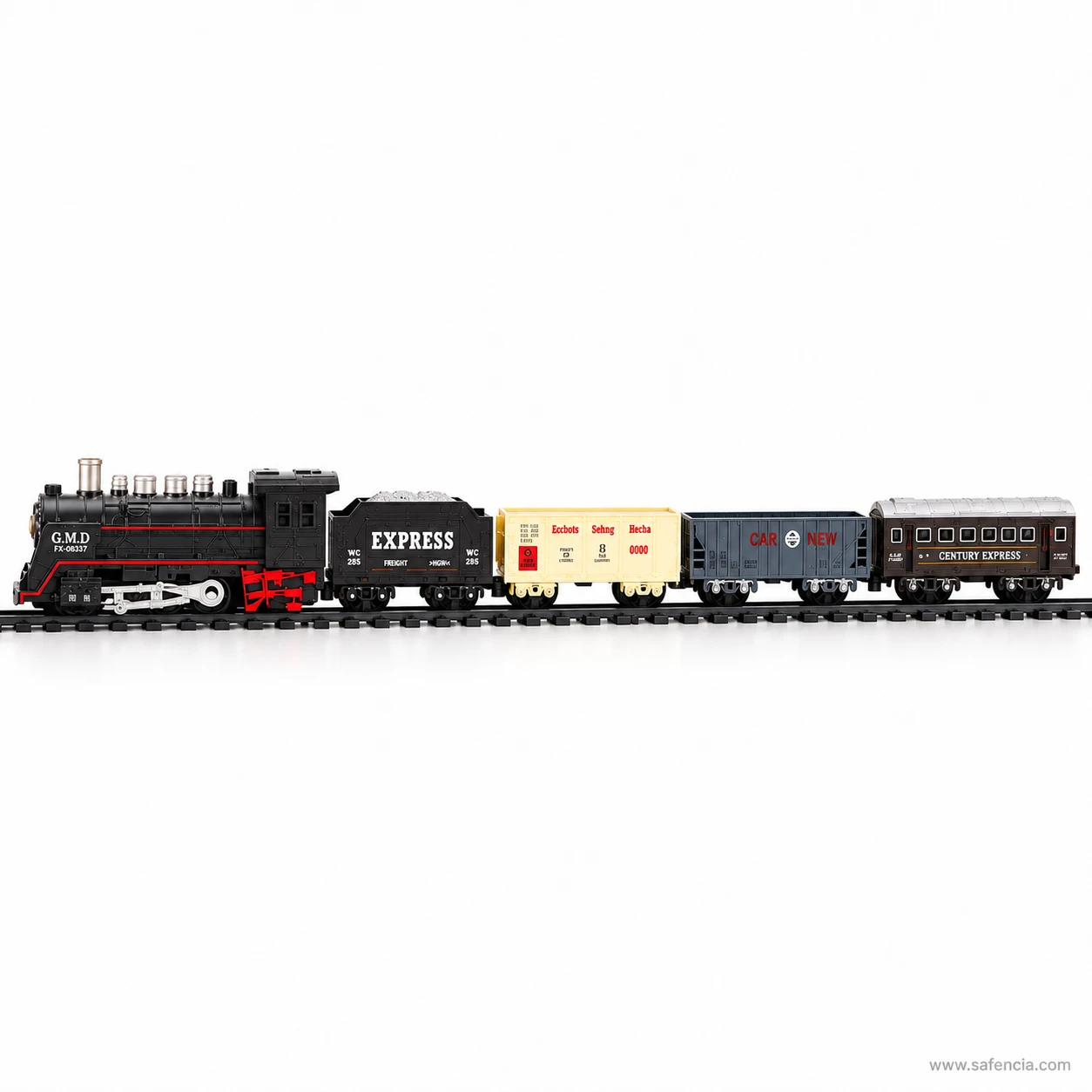 Full five-car Rail King rake in a straight line: locomotive, tender, cream boxcar, grey hopper and brown coach