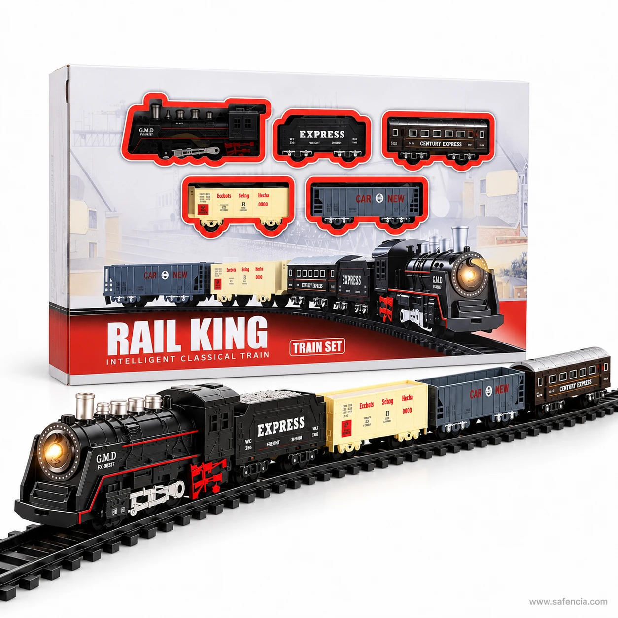 Rail King classical train set displayed in front of its open retail box with all five vehicles coupled on track