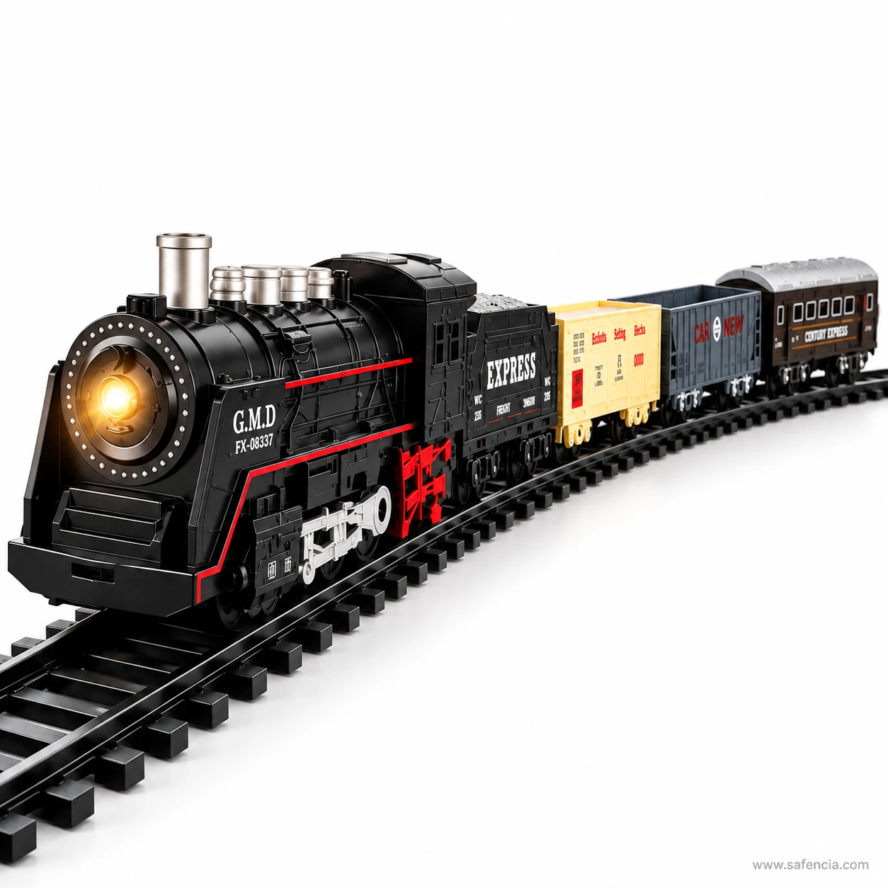 Rail King classical train taking a curve with the locomotive leading the tender, boxcar and coach through the bend