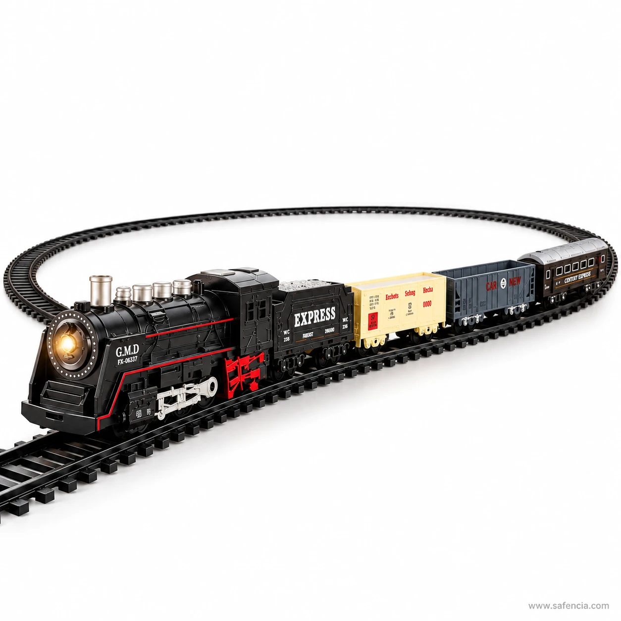 Rail King classical steam train running on its closed oval of black track sections on a white floor